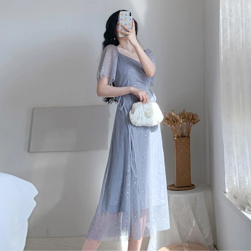 

2021 New Fashion Women Self-Cultivation Summer Thin Style Sweet French Bellflower Sequined Mesh Short-Sleeved Dress