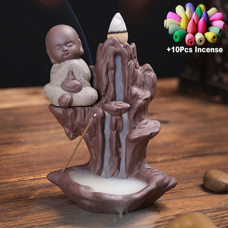 Домашний декор горный поток креативный маленький монах пуля+ 10 черных конусов для благовоний или благовоний палочка горелка для дыма керамическая курильница - Цвет: Gray Q3 and 10Incense