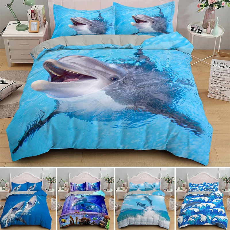 3D Dolphin In Blue Sea Queen King Size Bedding Sets Animal Single Quilt Duvet Cover Set Kids Adult Bed Linen Bedclothes