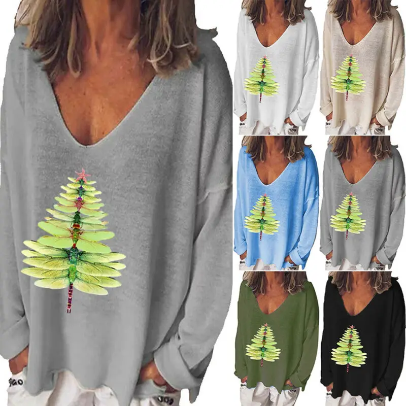 

Женские базовые Рождественская елка Свободная блузка Футболка свитшот с v-образным вырезом Топ