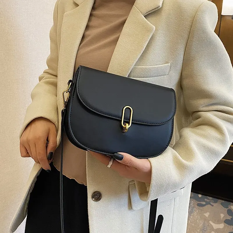 

Retro Saddle Shoulder Bags for Women Solid Color Hasp Cover Over Crossbody Maeeenger Bag Pu Leather Ladies Saddle Handbag Purses