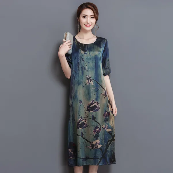 2020 осень и Лето Новое шелковое платье с принтом плюс размер L 4XL свободное круглым