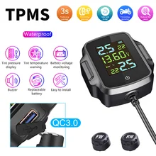 Motorcycle TPMS Motorbike Tire Pressure Monitoring System Tyre Temperature Alarm System with QC 3.0 USB Charger for Phone Tablet