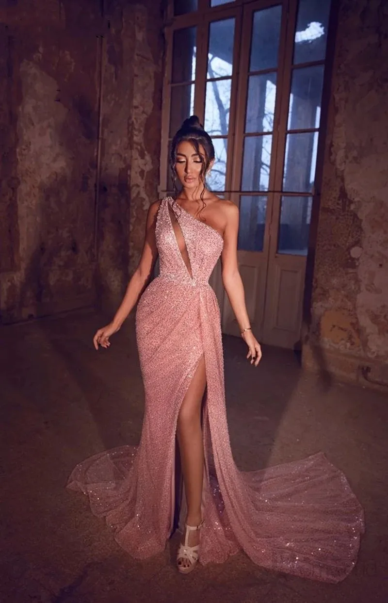 

Sparkle Rose Pink Prom Dresses 2021 Sexy Slit One-Shoulder Sleeveless Sequin Mermaid vestidos de fiesta de noche Prom Gown Long