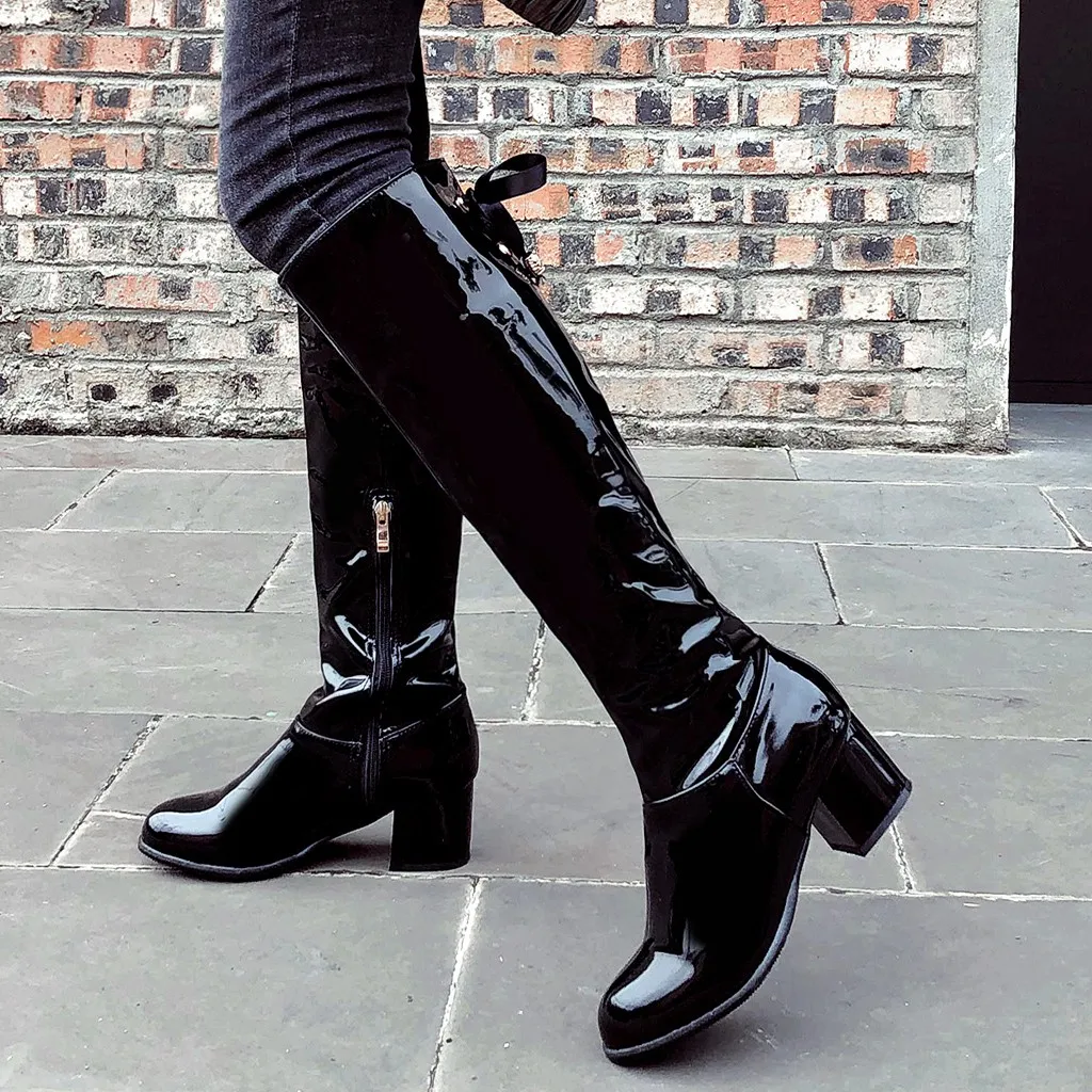 Женские сапоги до колена однотонные с бантом боковой молнией круглым носком