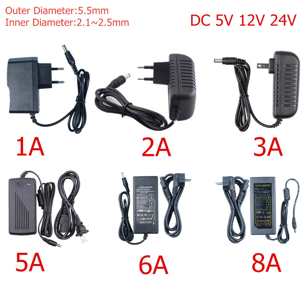 

Power Adapter 2.1mm~2.5mm*5.5mm AC 110V-220V To DC 5V 12V 24V Charger Transform 1A 2A 3A 5A 6A 8A 10A For LED Strip CCTV Router