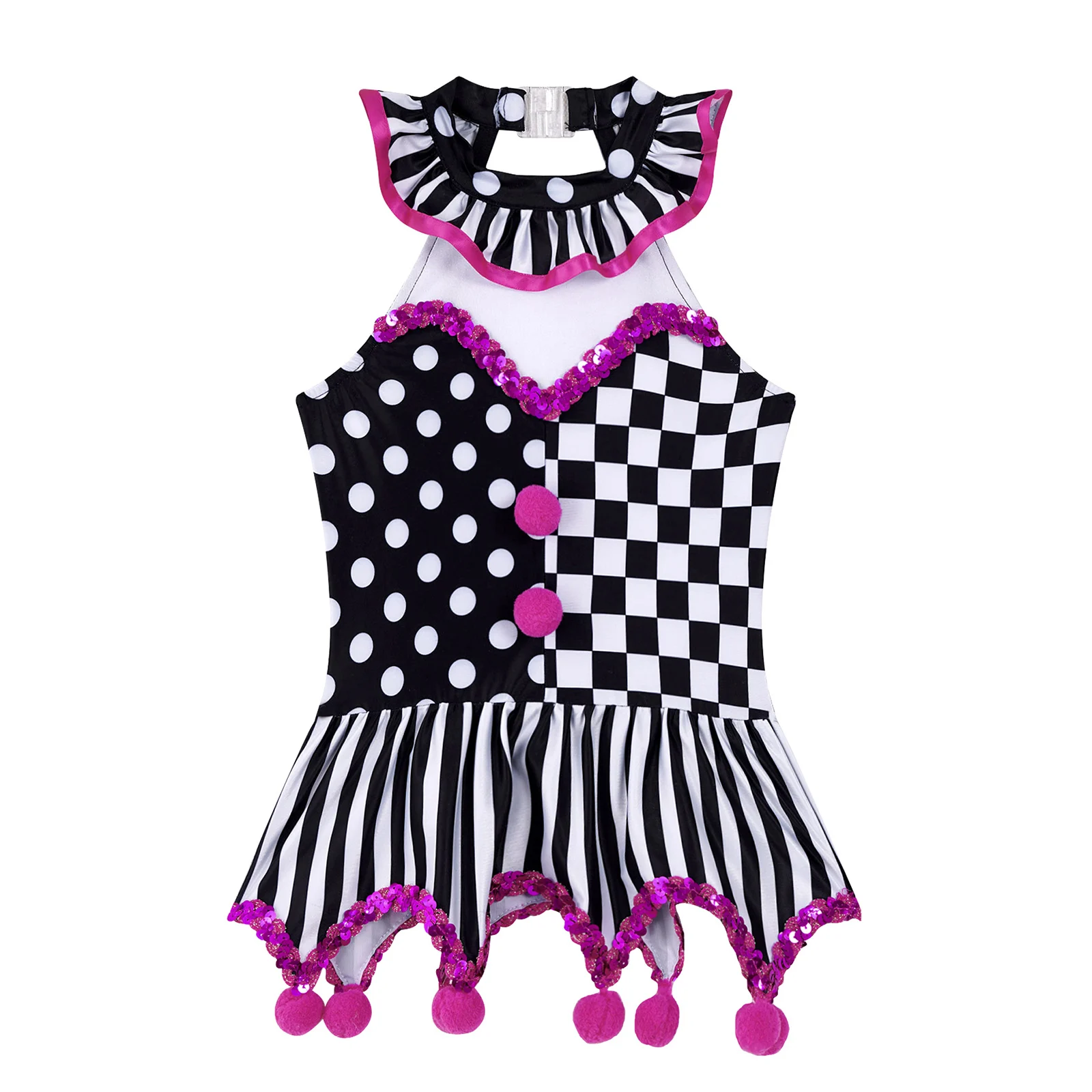 

Kids Girls Plaid Polka Dots Circus Clown Cosplay Costume Halter Neck Stripes Print Sequins Pompoms Adorned Irregular Hem Dress