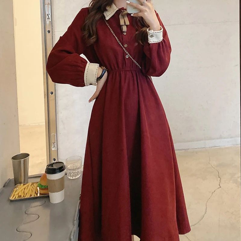 

Spring New Women Kawaii Polo Collar Temperament Dresses Korean Casual Long Sleeve Retro French Elegant Party ​Midi Dress 2021