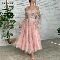booma pink embroidery lace midi prom dresses off shoulder long sleeves tea length wedding party dresses 2022 tulle formal gowns