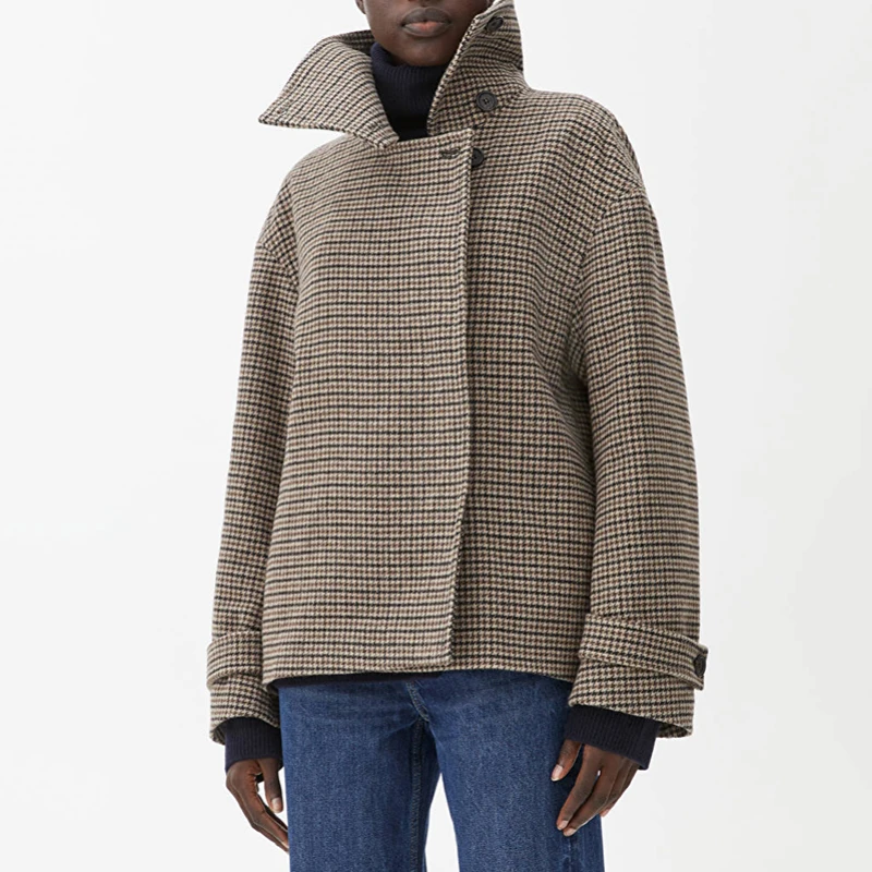

Holiwind 2021 Autumn Winter Houndstooth Woolen Single-Breasted Jacket Female New Temperament Chic Outerwear Woolen Streetwear