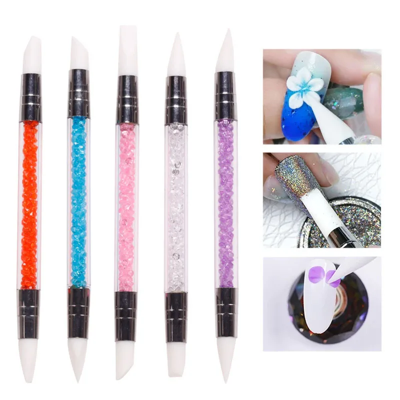 

5PCS Nail Sculpture Pen Powder Dotting Brush Dual Head Rhinestone Acrylic Handle for Emboss Carving DIY Polish Nail Art Manicure