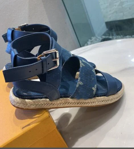

BONJEAN Summer Denim Blue Women Shoes Summer Sexy Open Toe Ankle Strap Flat Sandals Rope Braided Comfortable Shoes