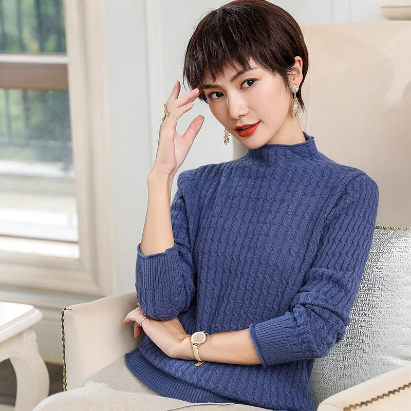 Женский теплый кашемировый свитер облегающий толстый с высоким воротом и