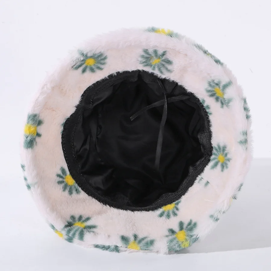 

Sombreros de pescador con margaritas de piel para mujer, gorros gruesos para mujer, sombrero de pescador de terciopelo para