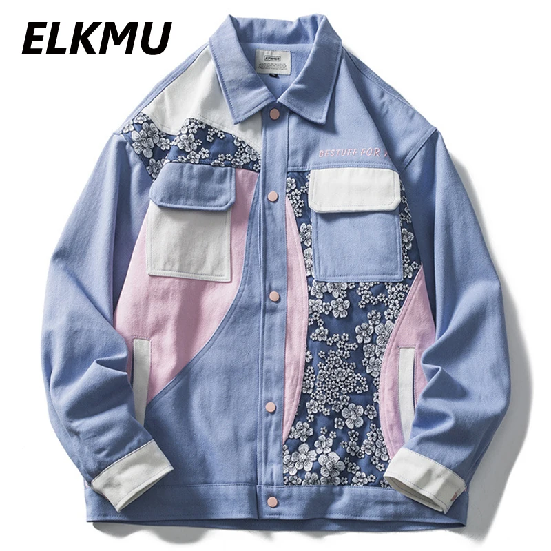 

ELKMU Цветочная вышивка куртка Цвет Блок Лоскутная Мужская Уличная куртки и пальто больших размеров модные брюки карго куртка осень HM353