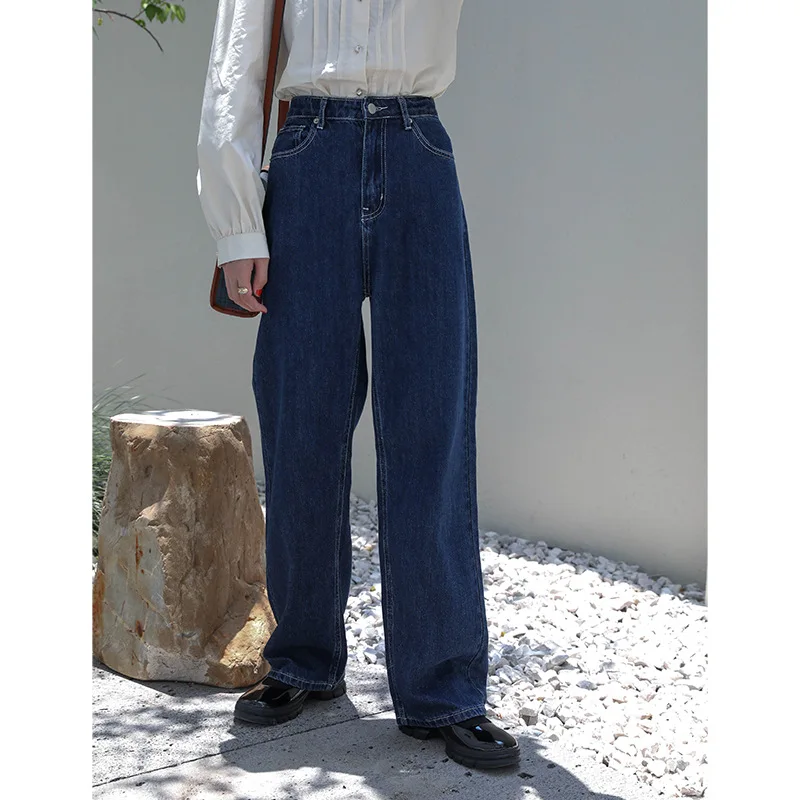 

2020 new leisure spring and autumn dark washed Retro High waist straight tube mops loose and versatile wide leg jeans for women