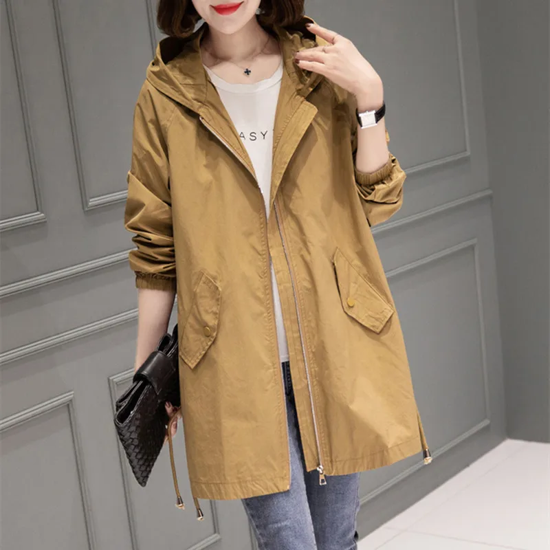 

Весна-осень, Размер 4XL, ветровка с капюшоном, пальто, Женский Тренч средней длины, 2021, новое тонкое женское пальто, повседневная верхняя одежд...