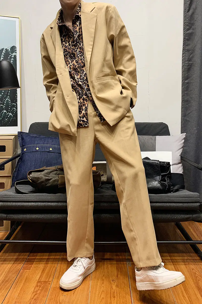 

2020 Spring And Autumn New Youth Popular Loose Single-breasted Leopard Stitching Loose Suit Fashion Casual Wild Top Black /Khaki