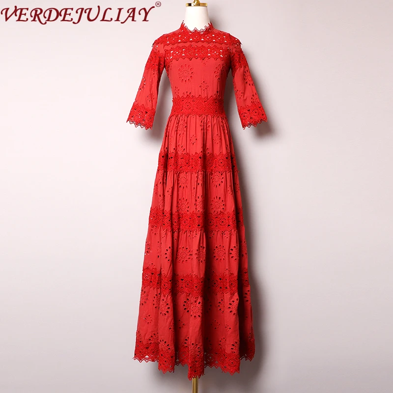 Женское платье макси с вышивкой и воротником стойкой|Женские платья| |