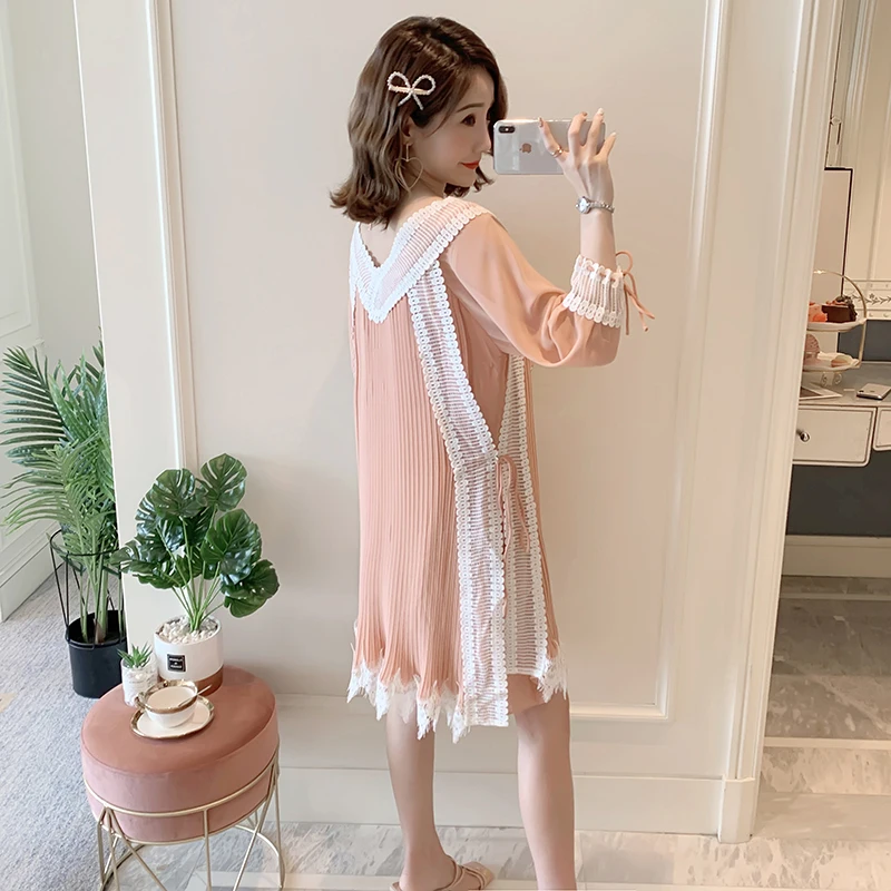 Summer Sleeveless/Long Sleeve Maternity Chiffon Pleated Dress V-neck Lace Patchwork Tassel Hem Pregnant Women Dress Sweet