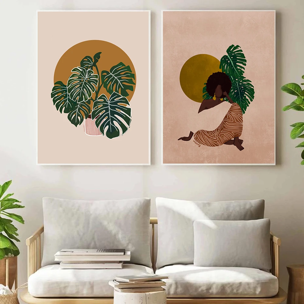 

Monstera Leaf Plants Black Woman Boho Canvas Painting Abstract Sun Line Art Print Nordic Poster Wall Pictures Living Room Decor