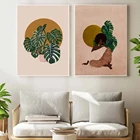 Monstera, листья растений, черная женщина, бохо, холст, живопись, абстрактная линия солнца, художественный принт, скандинавский постер, настенные картины, декор для гостиной