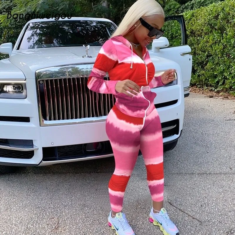 

Bangniweigou Sweatsuit Set Tie Dye Hoodie Pants Two Pieces Top + Pants Women Tracksuit Hooded Zipper Jacket Jogger Matching Sets