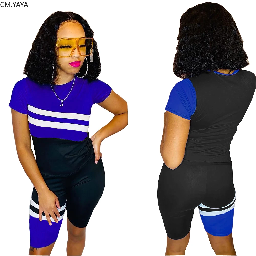 Women Two Pieces Sets stripes patchwork Tracksuits short sleeve tee tops shorts jogger pants suit Sporty Outfits matching set | Женская
