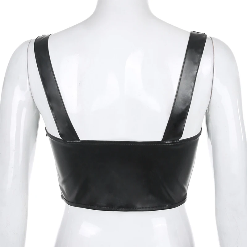 

Streetwear Punk PU Leather Crop Top Women Buckle Zipper Gothic Tank Top Suspenders Strap Summer Tops Camisole Clothes