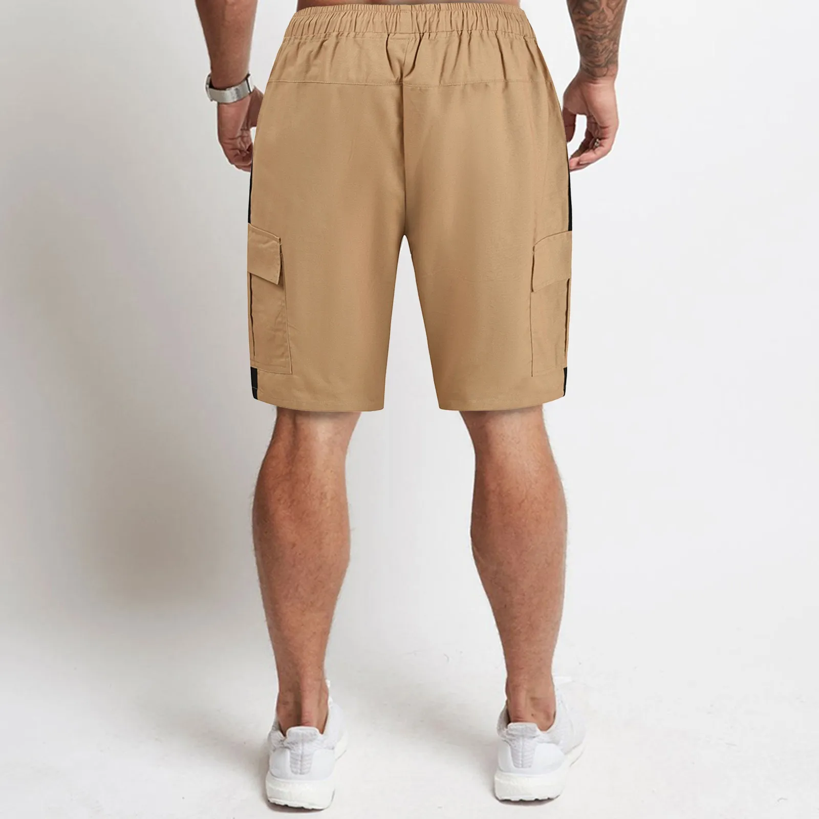 

59# Men Casual Short Pant Fashion Pocket Solid Color Stitching Drawstring Mid-waist Sweatpants Cotton Loose Knee Length Trousers