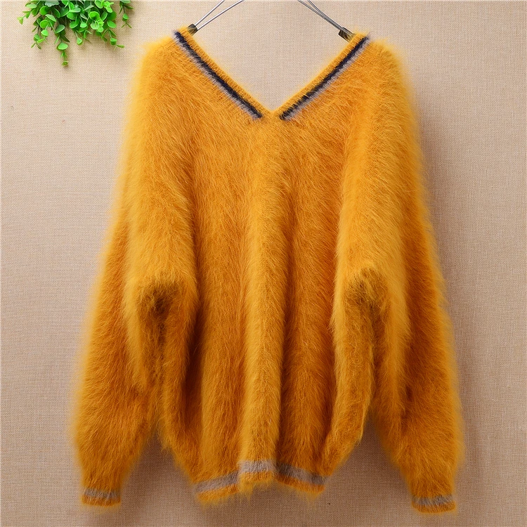 

women ladies Real Mink Blouse Natural Cashmere Sweater v-neck long sleeve Clothes rabbit fur knit basic pullover autumn winter
