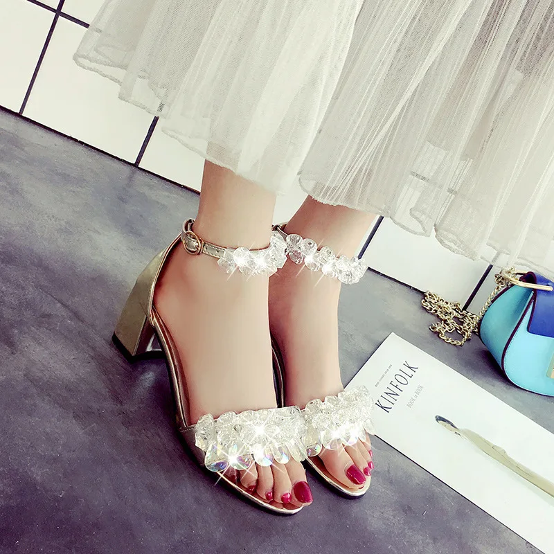 

Block Heels Beige Heeled Sandals Low-Heeled Shoes With Strap 2021 Women's Bling Bling Open Toe Med Chunky Black Low-heeled New B