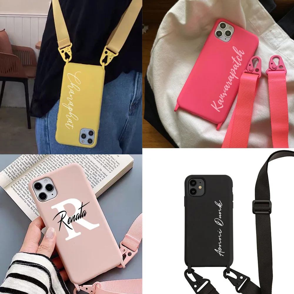 Custom Name Logo Picture TPU case with Sling for iphone13 12 11 Pro Max 7 8 6 6s Plus X XR XSMax Cover Shoulder Strap Soft Cases