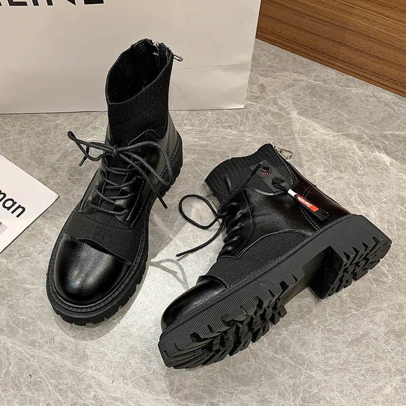 

WHNB Ankle Boots Women Genuine Leather 2021 New Lace-up Boots Women Round Toe British Style Women Socks Boots