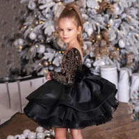 new black party gowns for girls long sleeve backless flower girl dress wedding kids birthday pageant gowns