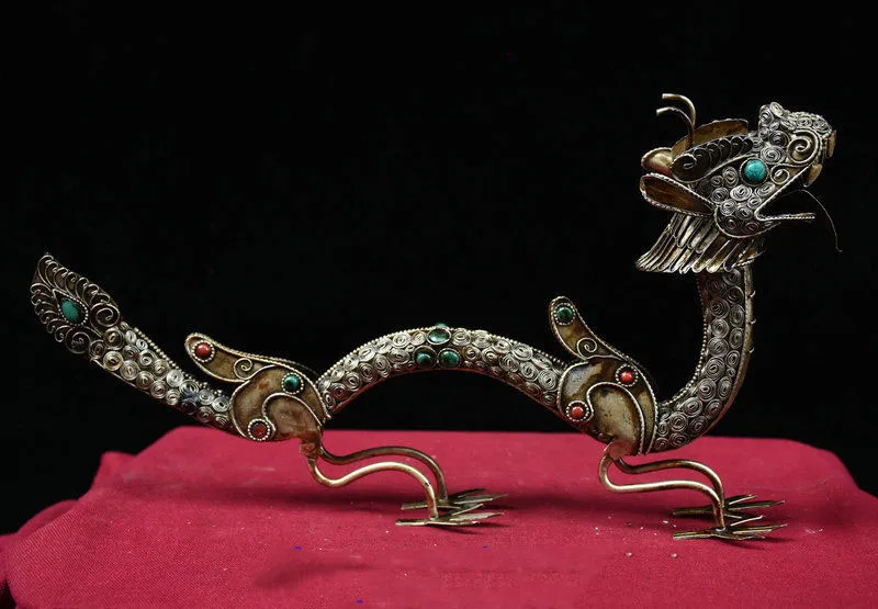 

christmas Collection Tibet Silver wire inlay Gem handcrafted Dragon Pair Feng Shui Statue New Year