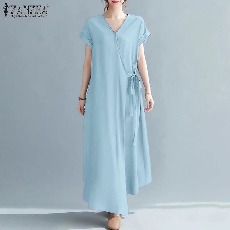 

ZANZEA Femme V-Neck Short Sleeved Pocket Elastic Waist Saias Longas Clothing Vestido Chic Dresses 2021 Women Spring Long Dress