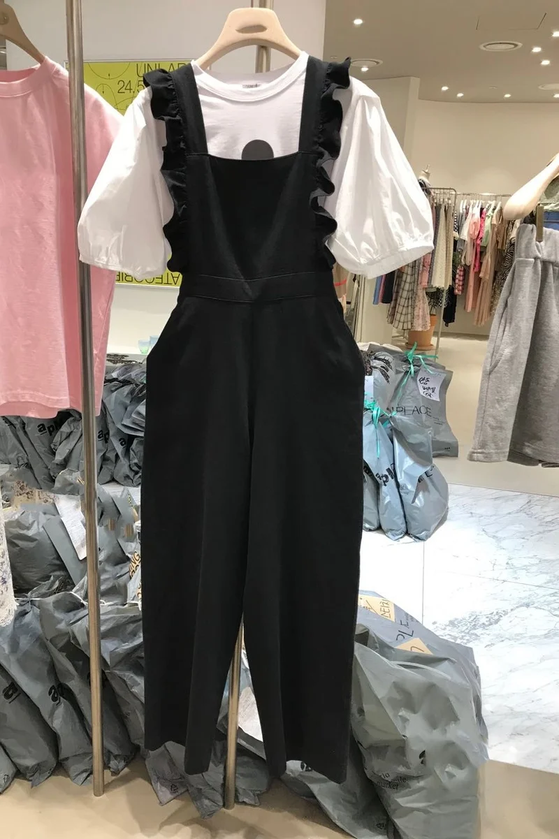 

2021 Ruffled Suspenders Straight-leg Overalls Women's Pants Loose Wide-leg Pants Spring and Summer Black Casual Women's Pants