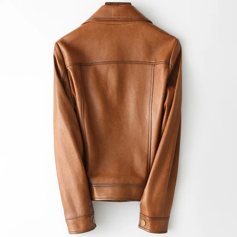 Vintage Spring Autumn Real Sheepskin Jacket Locomotive Slim High Quality Genuine Leather Coat Women Casual Outwear with Pockets