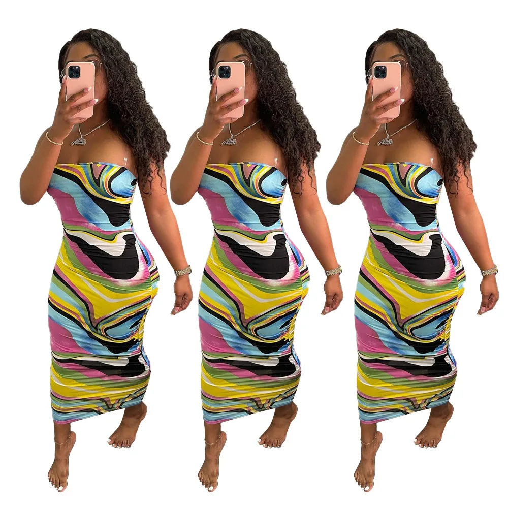 

2021 Summer New Style Elegant Fashion All Match Temperament Sexy Print Tie Dye Sexy Wrapped Chest Draped Dress