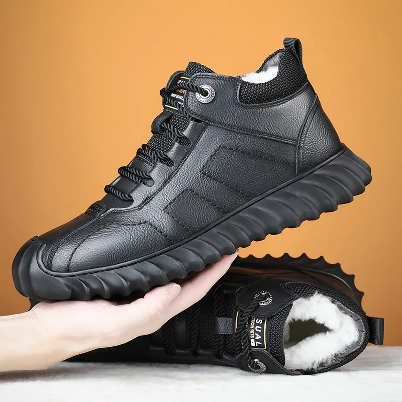

Winter Wool Men's Boots Leather Warm Leisure Shoes British Round Toe Short Plush Ankle Boots Sheep Fur Plus Large Size
