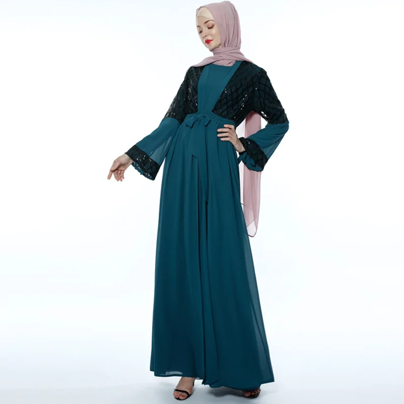as picture latest Dubai long-sleeved dress Muslim party Abaya ladies Arabian lace cardigan patchwork Turkish Islamic prayer gown robe - Цвет: as picture