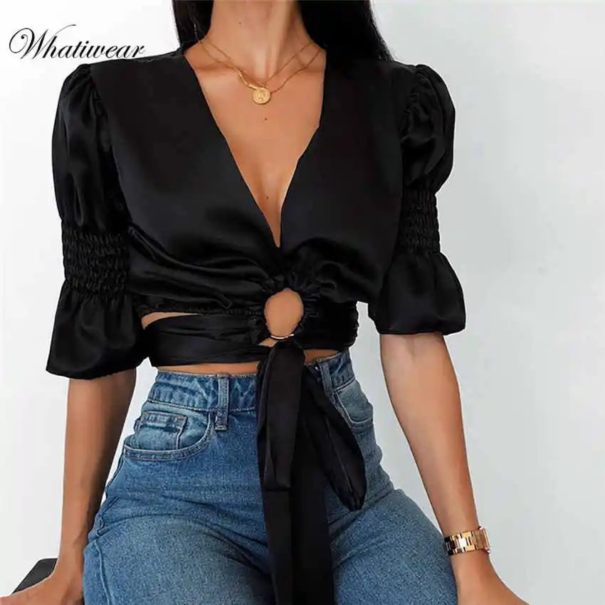Whatiwear Boho Сексуальный летний укороченный топ, женские топы, глубокий v-образный вырез, открытая пляжная рубашка на шнуровке, blusa feminina - Цвет: Black