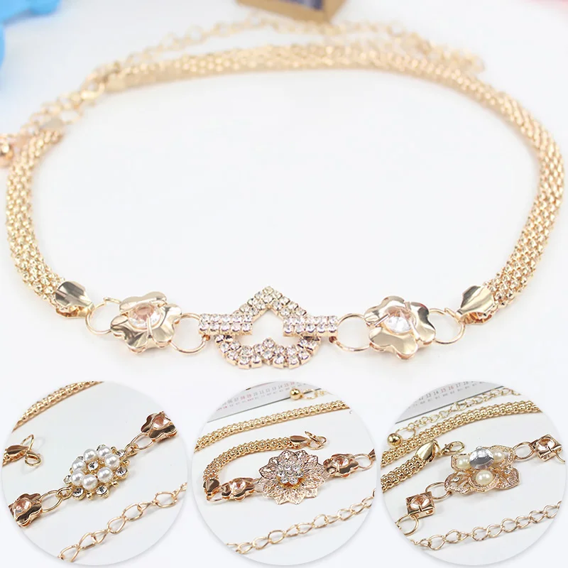 Женский ремень с цветами Золотистый металлический пояс кристаллами и