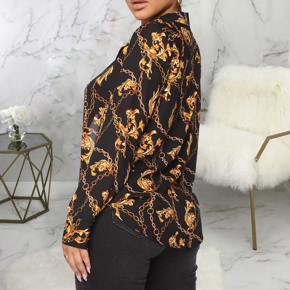 

Summer 2021 Western Style Blouse Fashion Oversize African Casual Temperament Sexy Printing Single-breasted Lapel Long Sleeve