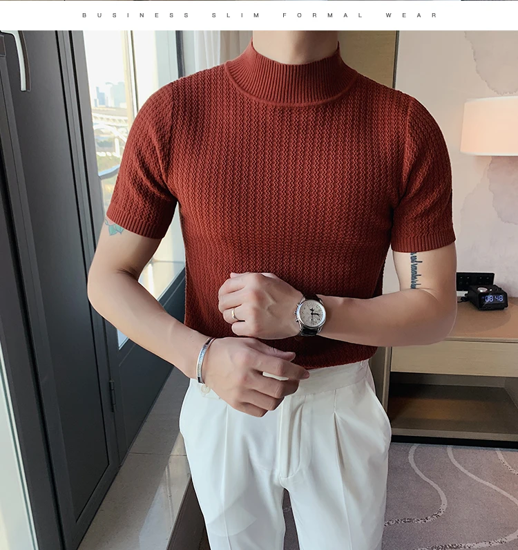 Spring New 2021 Short Sleeve Knitted Sweater Men Clothing Solid All Match Slim Fit Stretched Turtleneck Casual Pullovers 5Colors