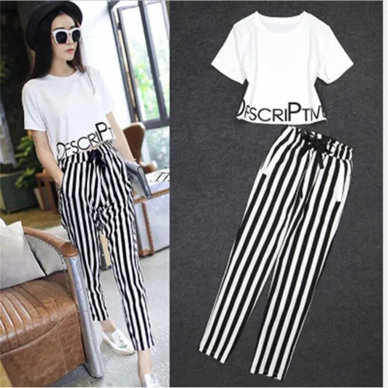 Штаны в полоску летний комплект одежды женские костюмы Комплект футболок для