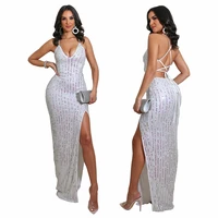 summer fashion womens pure color sexy halter strap split sequin nightclub party dress