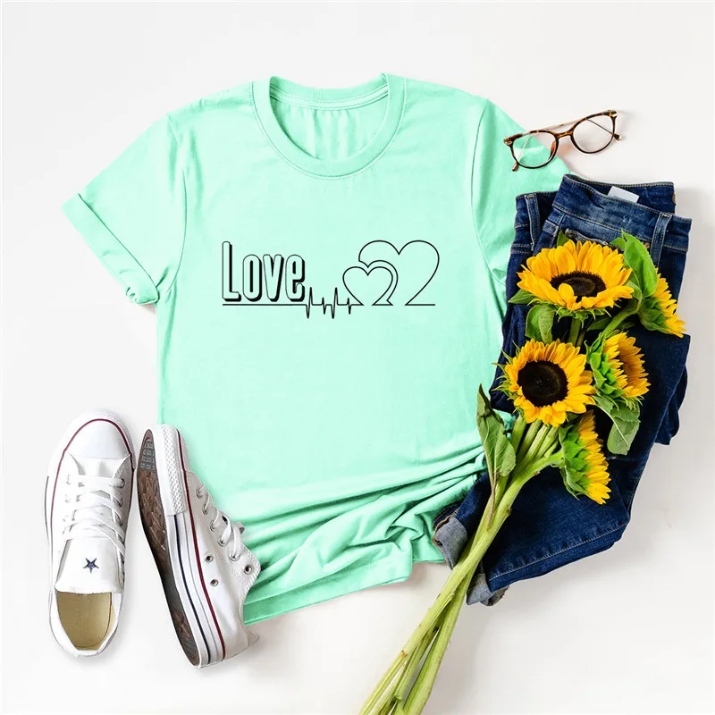 

Summer Plus Size T-Shirt Women New Heart Letter Print Women Shirts O Neck Short Sleeve Tees 100%Cotton Woman Tshirts Pink Tops