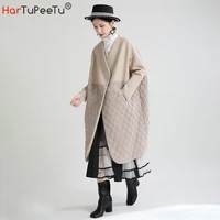 2021 winter new korean style long cotton padded beige coat womens casual argyle pattern loose parka patchwork chic wool jacket